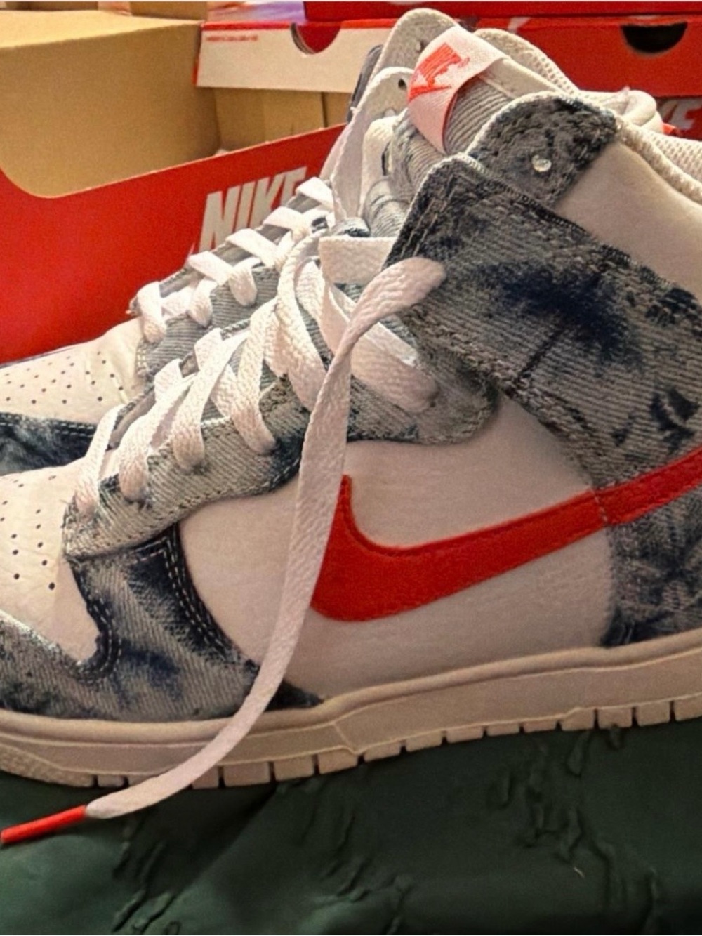Nike Kids High-Top Sneakers in White and Red with Denim Accent